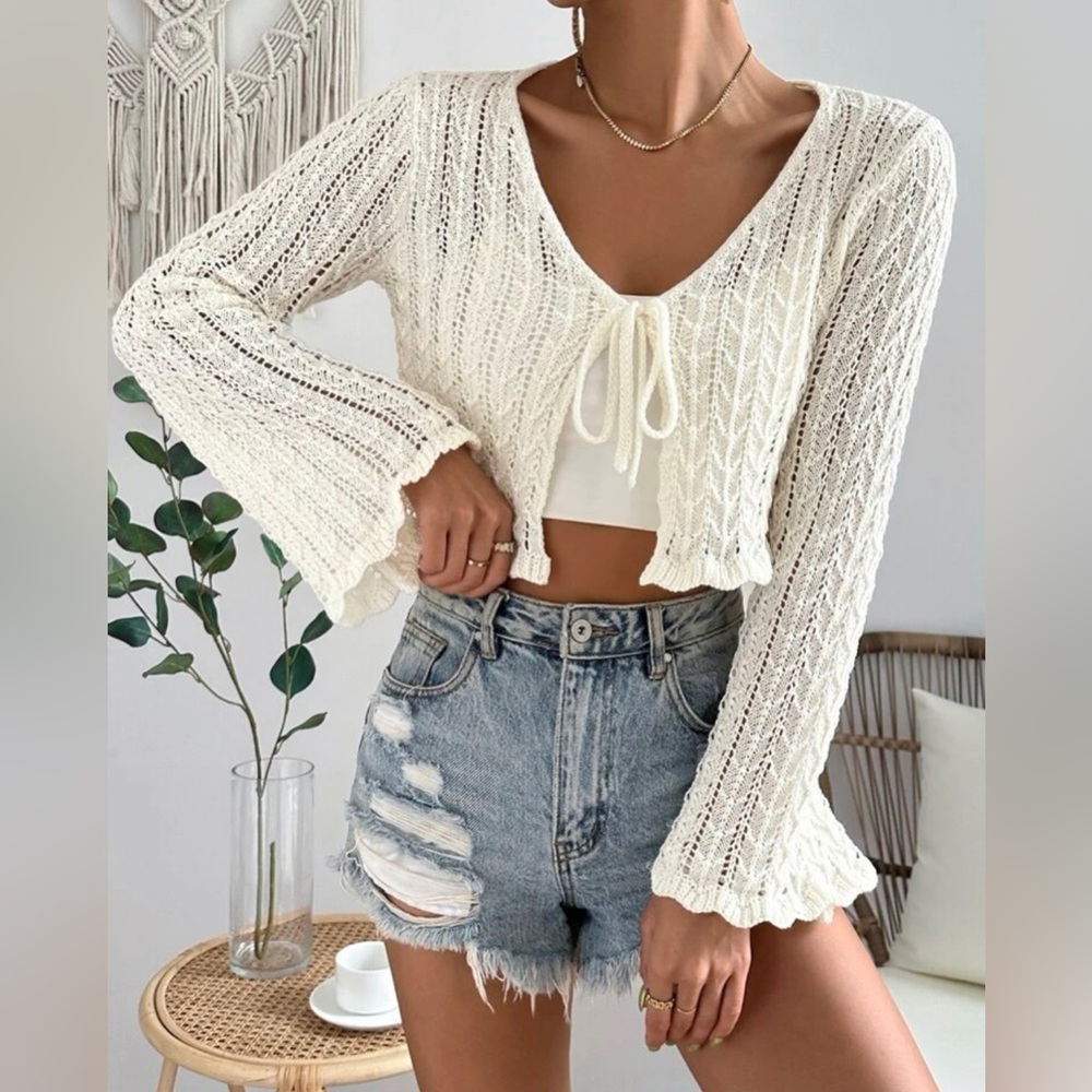 Boutique Tie Front Open Knit Top